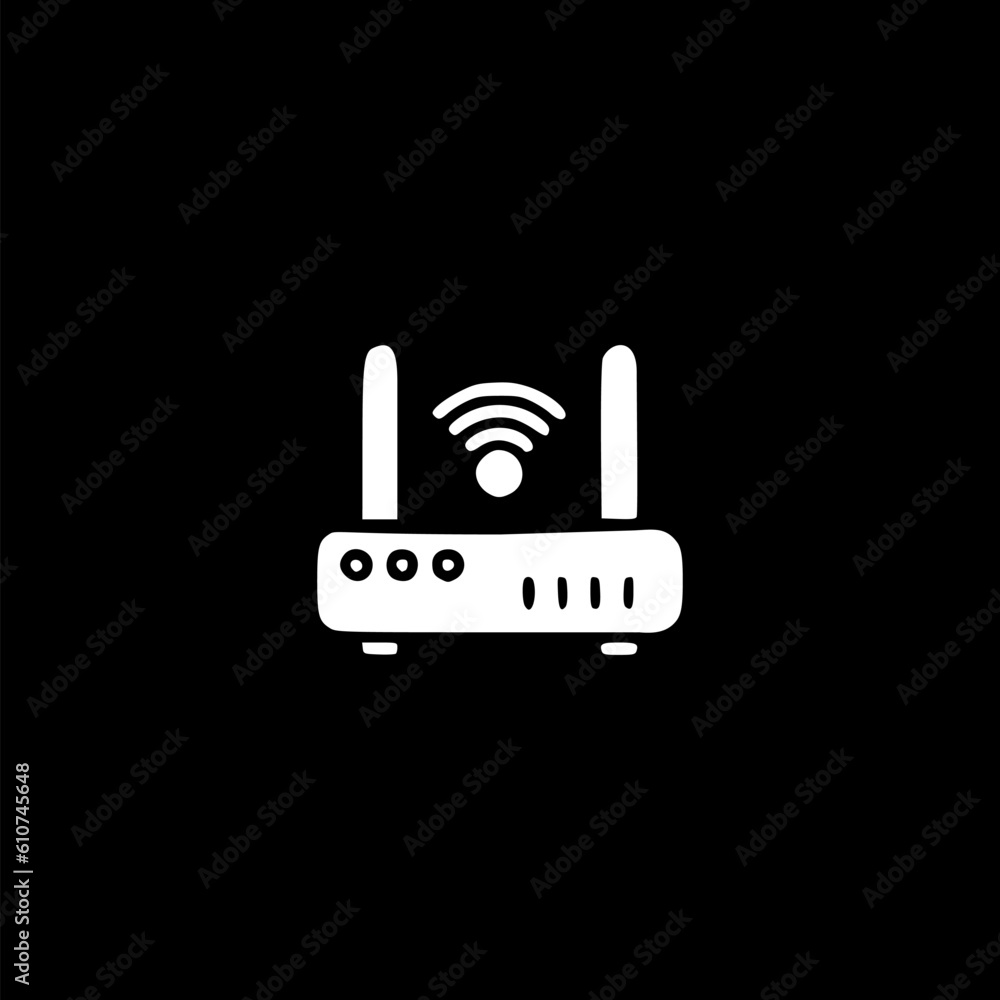 Doodle modem router icon or logo, hand drawn isolated on black background 
