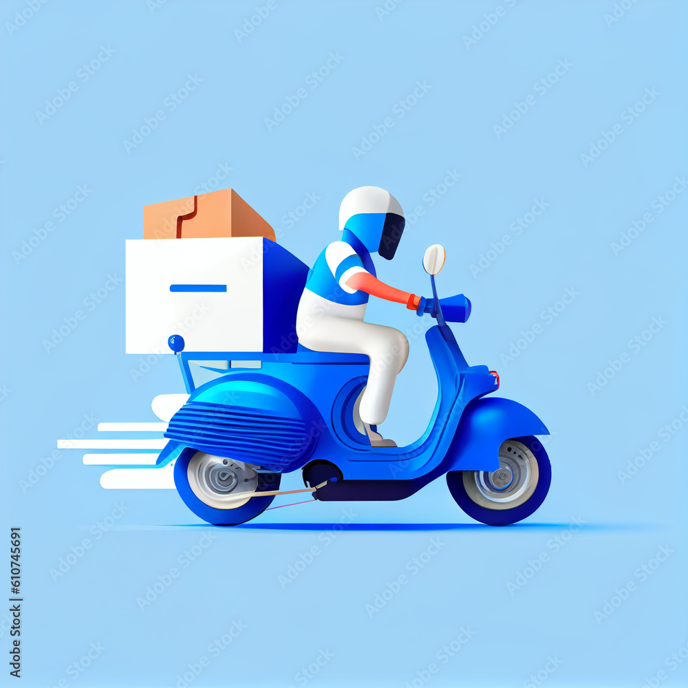 Young courier, delivery man in uniform with thermo backpack on a moped isolated on blue background. Fast transport express home delivery. Online order. Generative AI Young courier, delivery man in uniform with thermo backpack on a moped isolated on blue background. Fast transport express home delivery. Online order. Generative AI