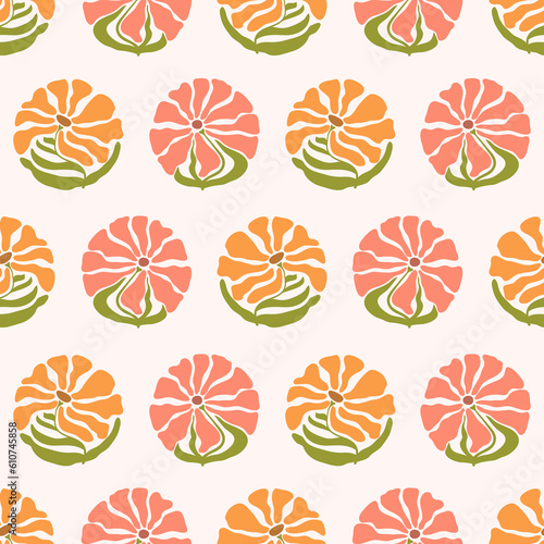 Seamless floral pattern with round flowers. Vector polka dot background. Textile, fabric design