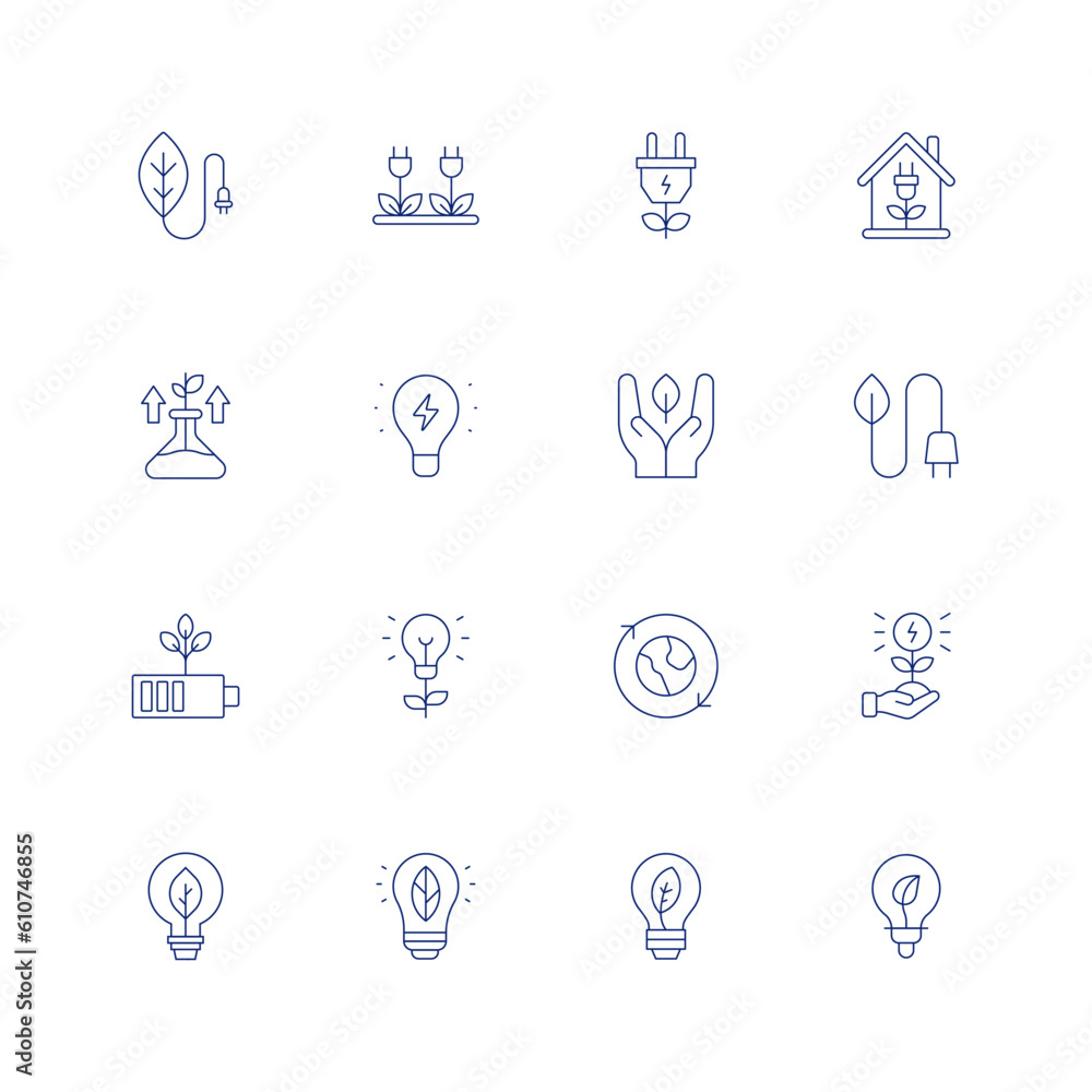 Green energy line icon set on transparent background with editable stroke. Containing green energy, eco house, biomass, light bulb, leaf, renewable energy, battery, innovation, world, sprout.