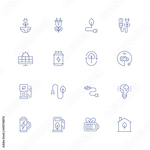 Green energy line icon set on transparent background with editable stroke. Containing green energy, renewable energy, hydrogen, biomass energy, electric car, eco energy, recycle energy, eco battery.