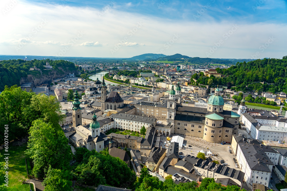 view from Hochensalzburg castle with a beautiful view of Salzburg Austria with many churches and towers