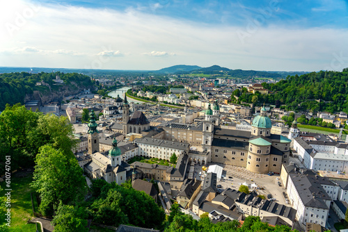 view from Hochensalzburg castle with a beautiful view of Salzburg Austria with many churches and towers