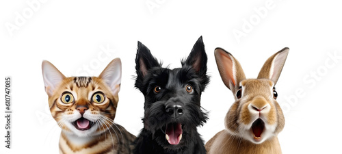 Portrait of Three Surprised Animals (cat, dog and rabbit). AI generative. Isolated on White and PNG Transparent Background.
