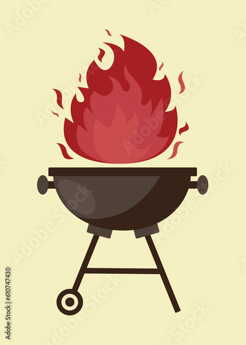 Barbecue grill elements isolated on light background. BBQ party poster. Meat restaurant at home. Charcoal kettle with tool, sauce and foods. Kitchen equipment for menu. Cooking outdoors.