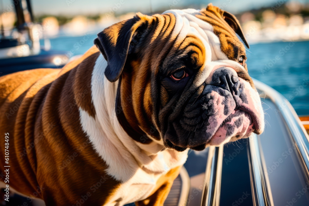 Digital photo of a cute English bulldog  at the luxury yacht on a sunny day. Wildlife imagery, the concept of ecological environment. Generative AI