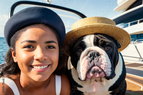 Digital photo of a cute English bulldog with Smiling happy young woman at the luxury yacht on a sunny day. Wildlife imagery, the concept of ecological environment. Generative AI