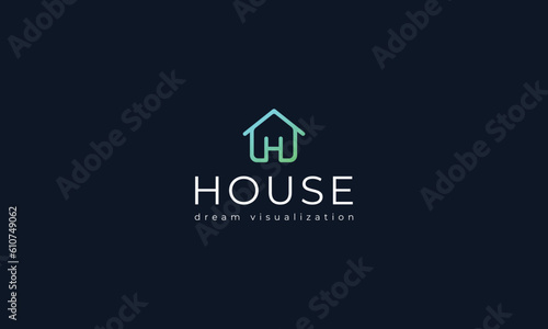 Letter H simple and line art green colour house logo