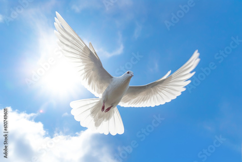 A white dove flying in the sky with sun beams