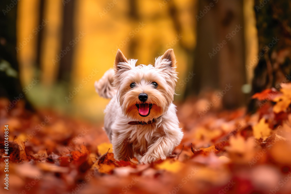 Cute Yorkshire Terrier Outdoors in an Autumnal Park. Generative AI.