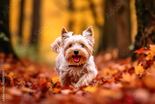 Cute Yorkshire Terrier Outdoors in an Autumnal Park. Generative AI. © julijadmi