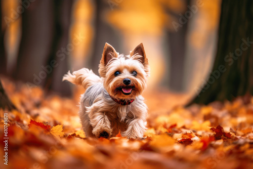 Cute Yorkshire Terrier Outdoors in an Autumnal Park. Generative AI. © julijadmi
