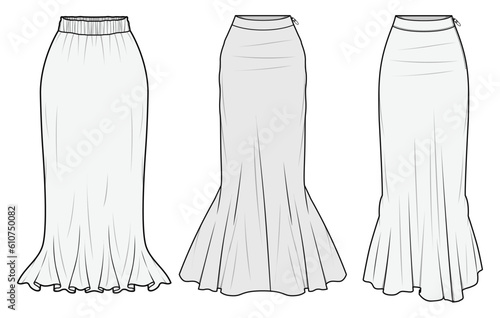 Mermaid Skirts, Fishtail Skirts Fashion Illustration, Vector, CAD, Technical Drawing, Flat Drawing, Template, Mockup 