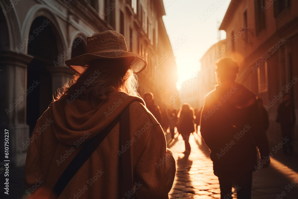 Travel, vacation, romance concept. Young couple traveling and walking in Venice, Italy. Gondolas, canals, old town in background. Man and woman view from behind. Sunset summer. Generative AI