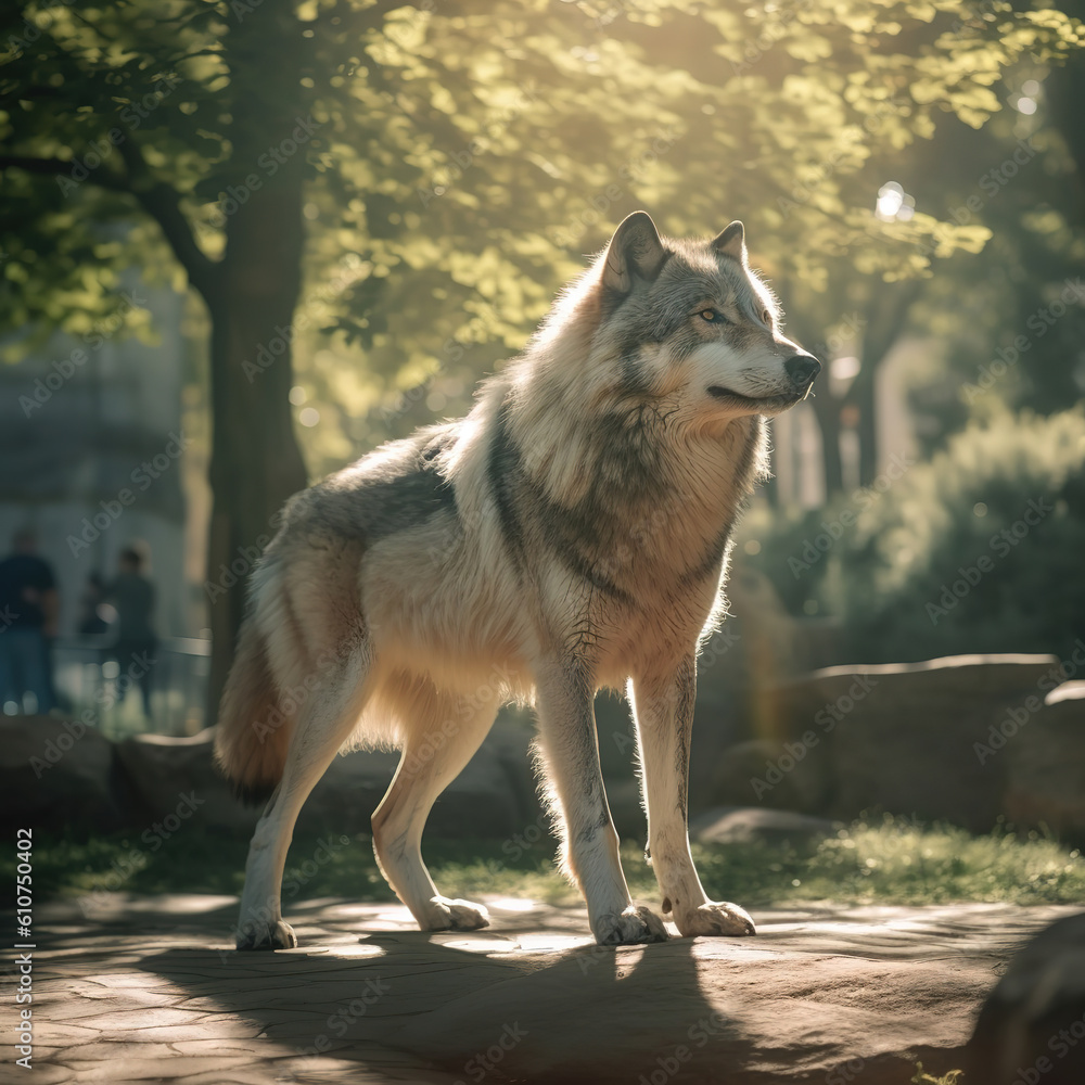 Fototapeta premium huge gray wolf in the park, sunny day, generative ai 