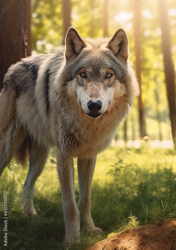 Fototapeta premium huge gray wolf in the park, sunny day, generative ai