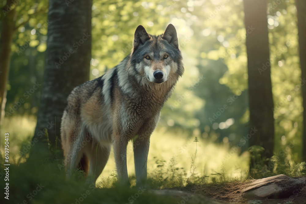 huge gray wolf in the park, sunny day, generative ai 