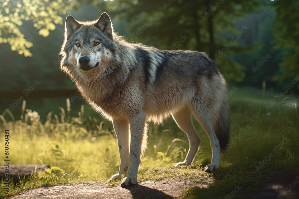 huge gray wolf in the park, sunny day, generative ai 