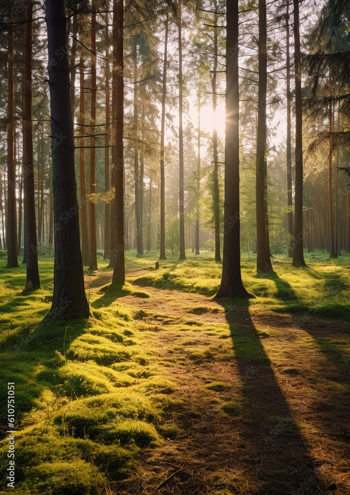 the sun shining through trees in a forest during sunset, generative ai the sun shining through trees in a forest during sunset, generative ai