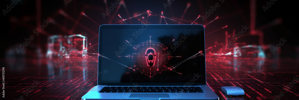 Fototapeta premium Internet security system, Laptop with hacker virus code in screen, banner, generative AI