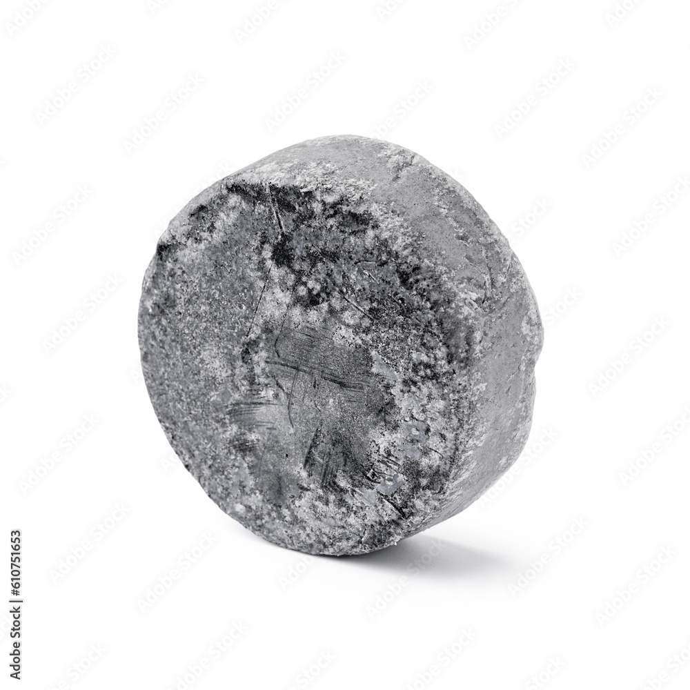 Grey solid shampoo bar on white background Grey solid shampoo bar on white background
