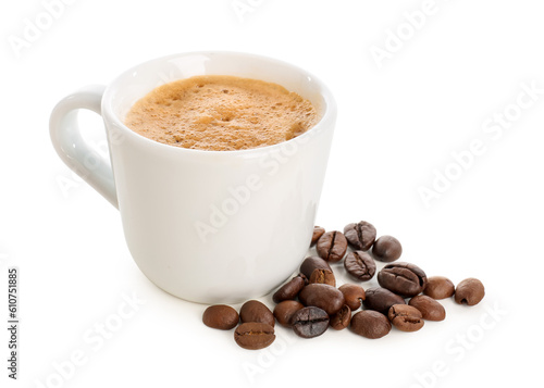 Fototapeta Naklejka Na Ścianę i Meble -  Cup of delicious espresso and coffee beans on white background