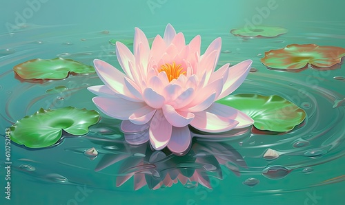  a pink water lily floating on top of a lake with lily pads on the surface of the water and green leaves floating on the water.  generative ai