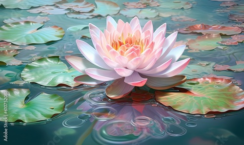  a pink water lily floating on top of a pond of water lilies with green leaves around it and a blue sky in the background.  generative ai