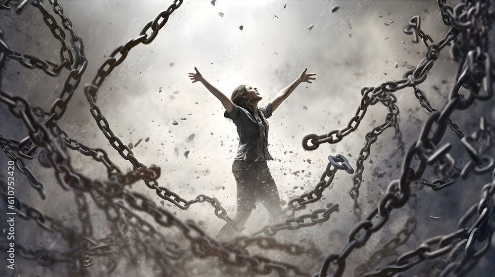 Person breaking free from chains or constraints, representing liberation and newfound freedom