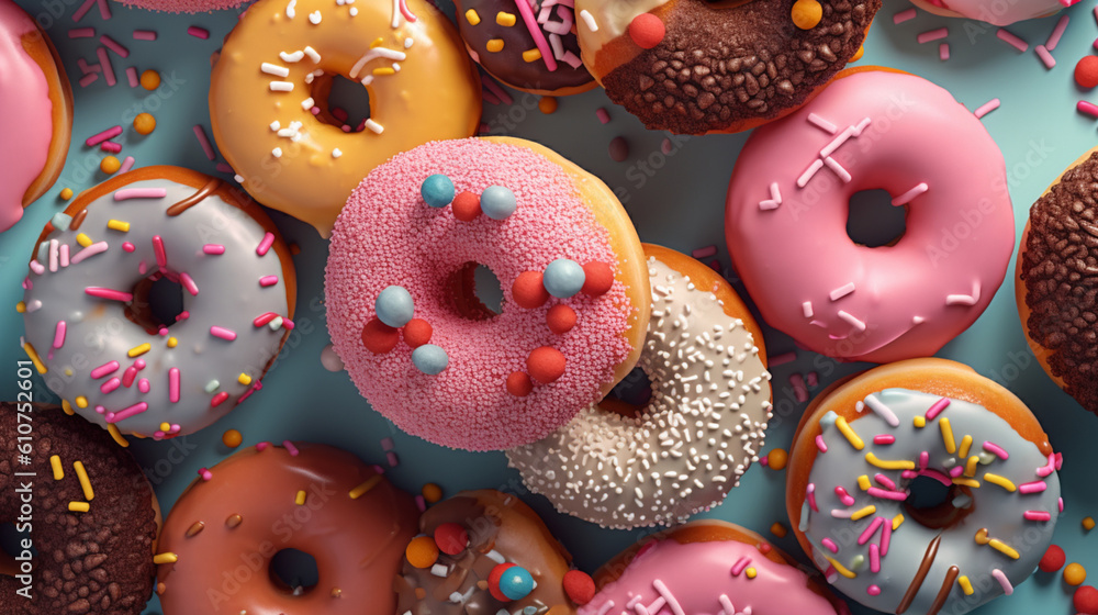 Flat lay of donuts. IA generative. Flat lay of donuts. IA generative.