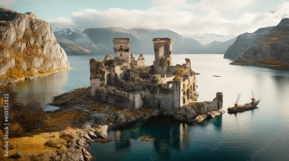Majestic landscape with towering cliffs, icy waters, and ancient ruins nestled within the rugged terrain Majestic landscape with towering cliffs, icy waters, and ancient ruins nestled within the rugged terrain