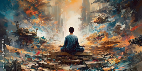 Mind Over Matter  Person meditating amidst chaos  demonstrating the power of mindfulness and mental focus. Generative ai.