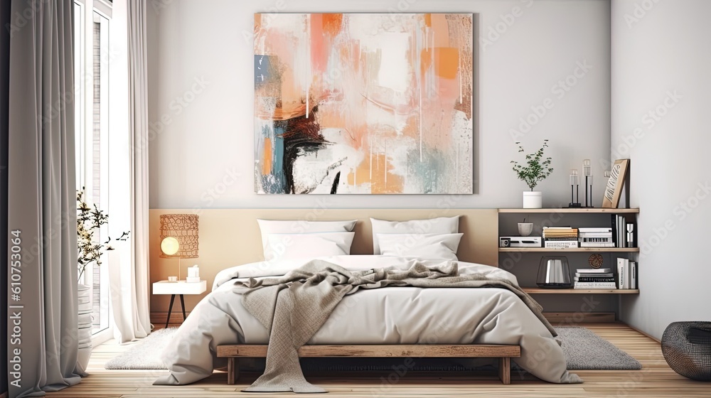 Bed in modern interior space, 3D render, 3D illustration, home design. Generative AI Bed in modern interior space, 3D render, 3D illustration, home design. Generative AI