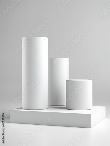 White cylinders isolated for product display, mockup. light gray background. Generative AI