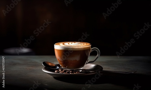  a cup of coffee on a saucer with a spoon next to it and a spoon on the side of the cup  on a dark surface.  generative ai