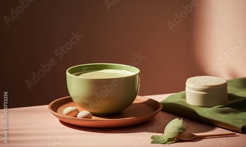  a cup of milk and some pills on a plate with a cloth on a table cloth and a green napkin on a wooden table top. generative ai