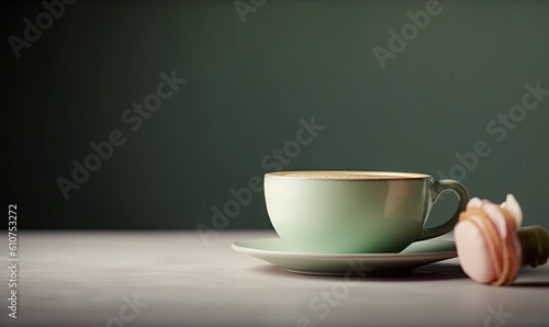  a green cup and saucer sitting on a table next to a small sea shell on a saucer with a green background behind it.  generative ai