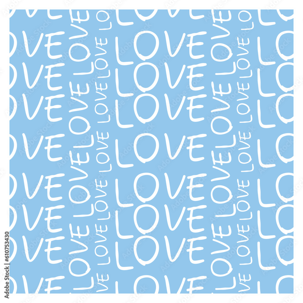 Seamless pattern of repeating word love on blue background.