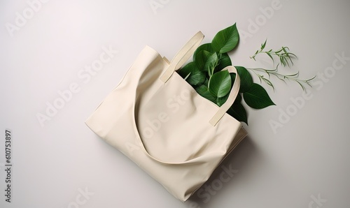  a white tote bag with a green leaf on top of it and a plant in the middle of the bag on a white surface. generative ai