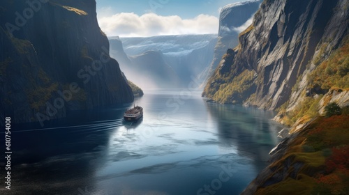 Majestic landscape with towering cliffs, icy waters, and ancient ruins nestled within the rugged terrain