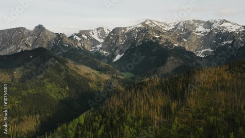 Top view mountain peaks covered with snow in soft morning or evening sunlight, stunning aerial drone shot mountains and green hills with pine trees, spring season, flyover mountain range landscape