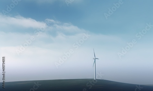  a wind farm on a foggy day with a single wind turbine in the foreground and a single wind turbine in the background,. generative ai