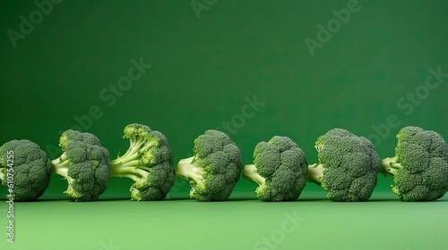Line of fresh green isolated broccoli on green background with copy space. Healthy food and diet idea. Generative ai vegetable shot