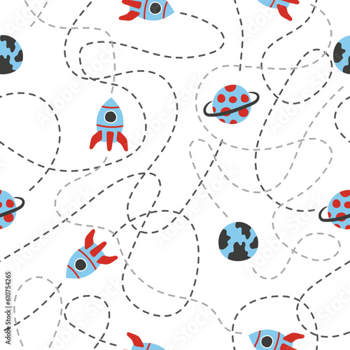 Seamless space pattern with rockets and planets. Vector kids illustration