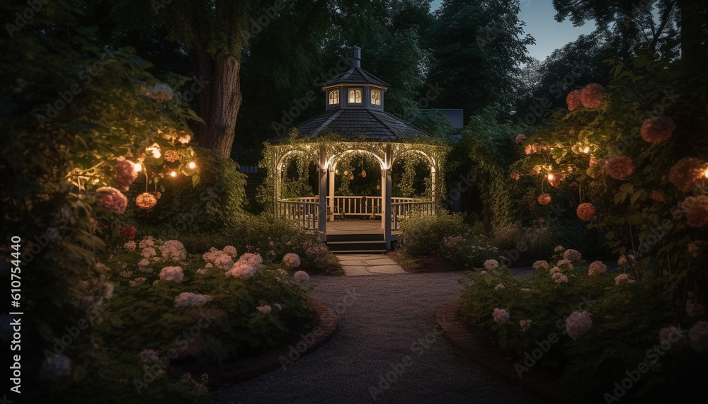 Summer dusk illuminates elegant formal garden with natural beauty generated by AI