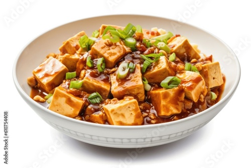 Bowl of Mapo Tofu Isolated on a White Background. Generative AI