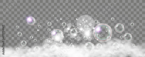 Air bubbles on a transparent background. Soap foam vector illustration.	

