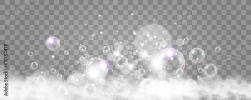 Air bubbles on a transparent background. Soap foam vector illustration.	

