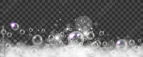 Air bubbles on a transparent background. Soap foam vector illustration.	

