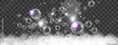 Air bubbles on a transparent background. Soap foam vector illustration.	

